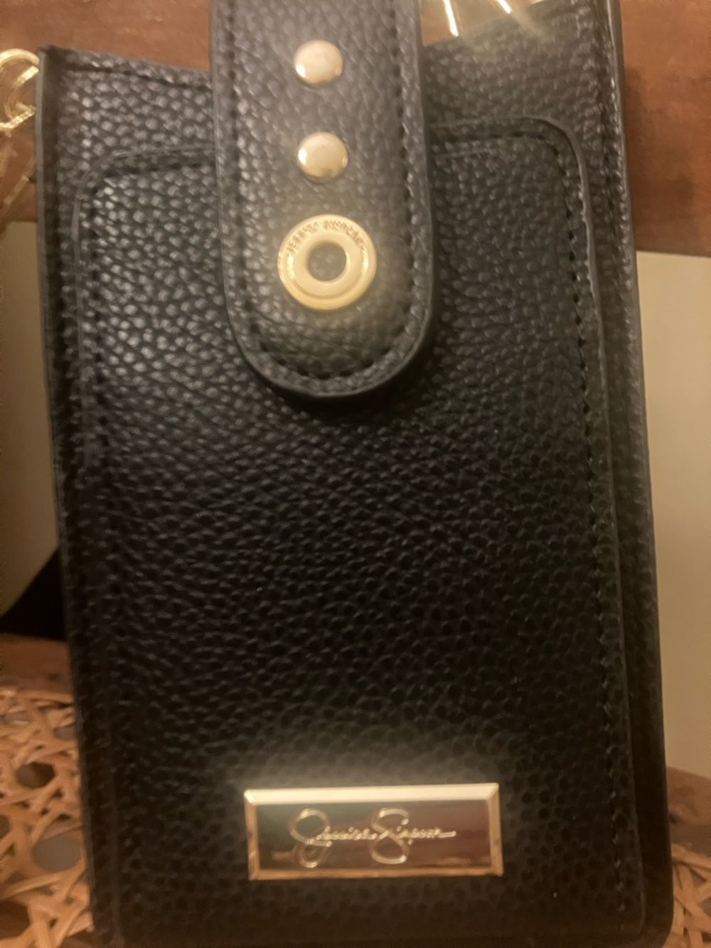 Jessica Simpson Black Pebbled Crossbody Phone Pouch with Gold Trim